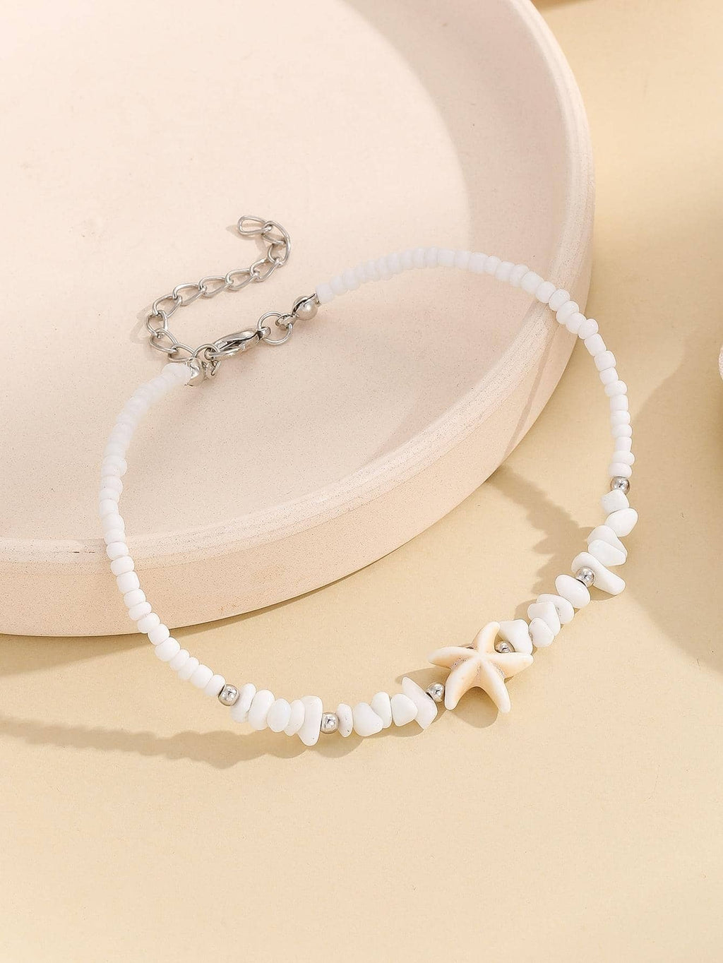 6597 1b-063 Pulsera tobillera vacación con diseño de estrella de mar blanco con cuenta con piedra para mujeres para playa de viaje