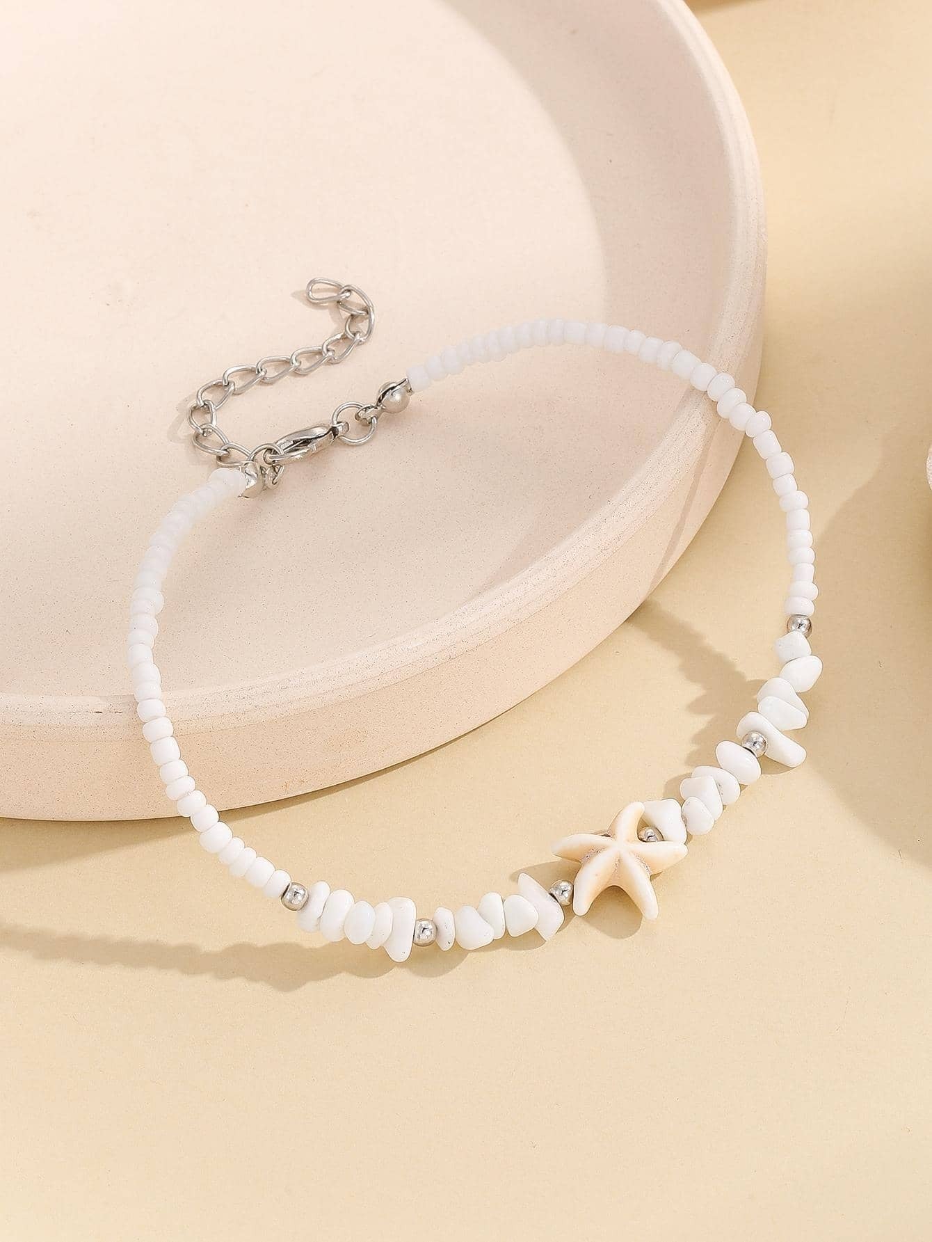 6597 1b-063 Pulsera tobillera vacación con diseño de estrella de mar blanco con cuenta con piedra para mujeres para playa de viaje
