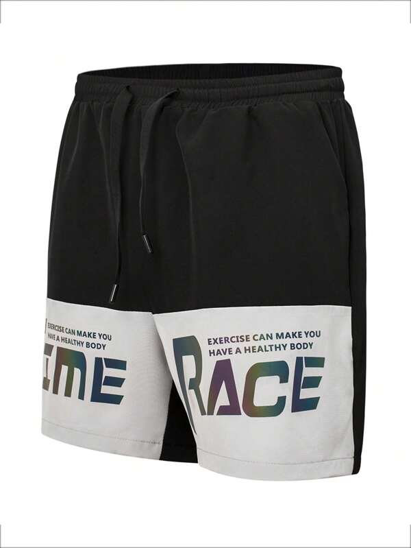 x276 t01 Shorts deportivos con estampado de slogan de dos tonos de cintura con cordón
