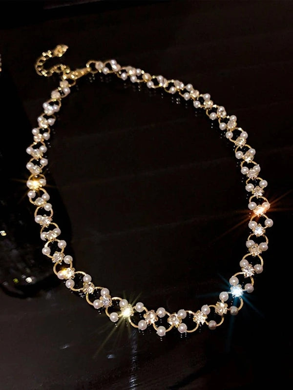 7181 b03-11 Collar atractivo aleación de zinc con diseño de diamante de imitación y perla artificial para mujeres para decoración diaria