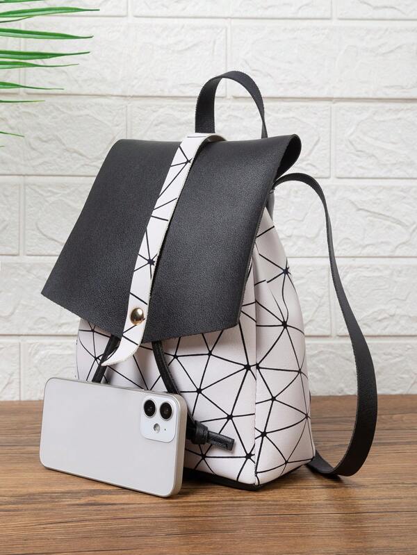 8143 b02-02 Mini mochila con solapa Patrón geométrico de moda Pu