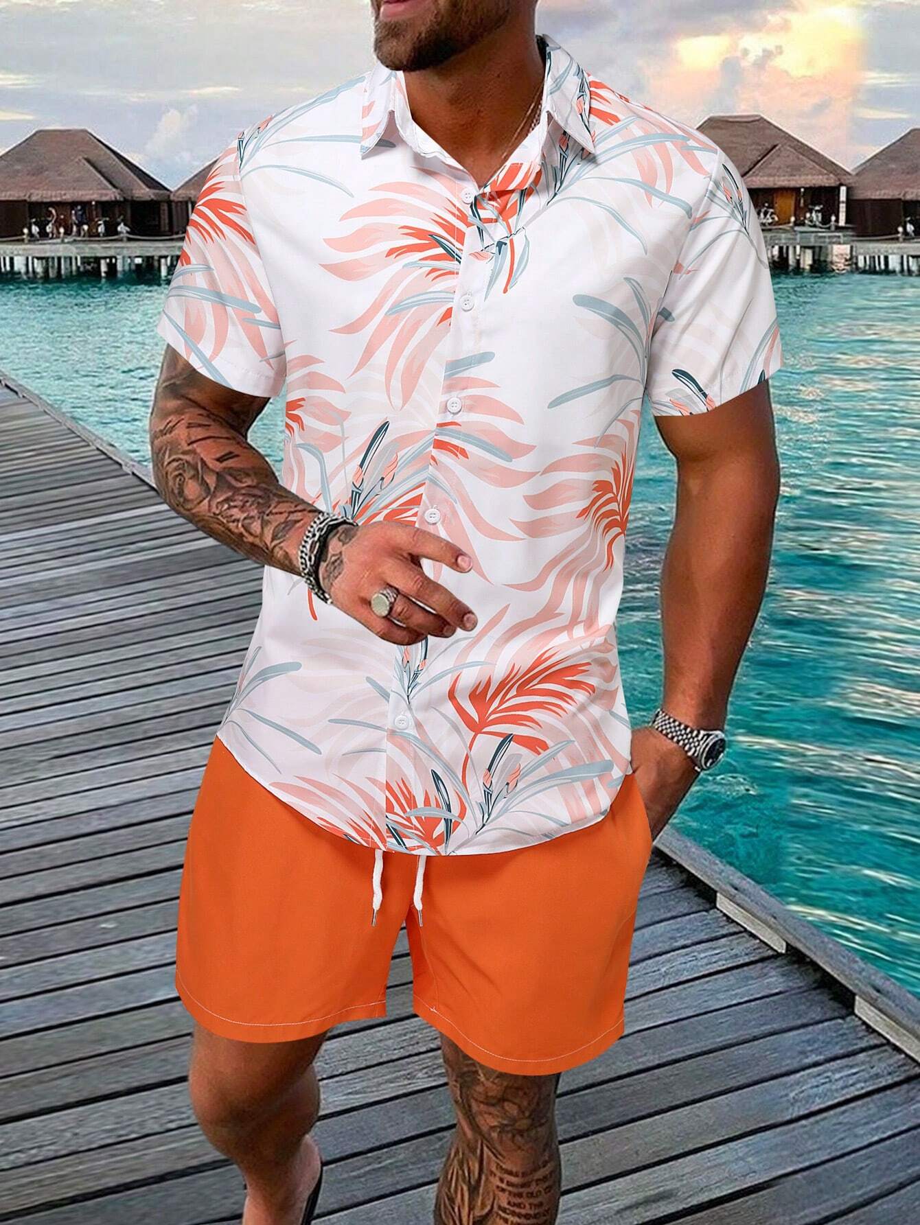 7080 a07-06 Camisa con estampado tropical  & Shorts de cintura con cordón