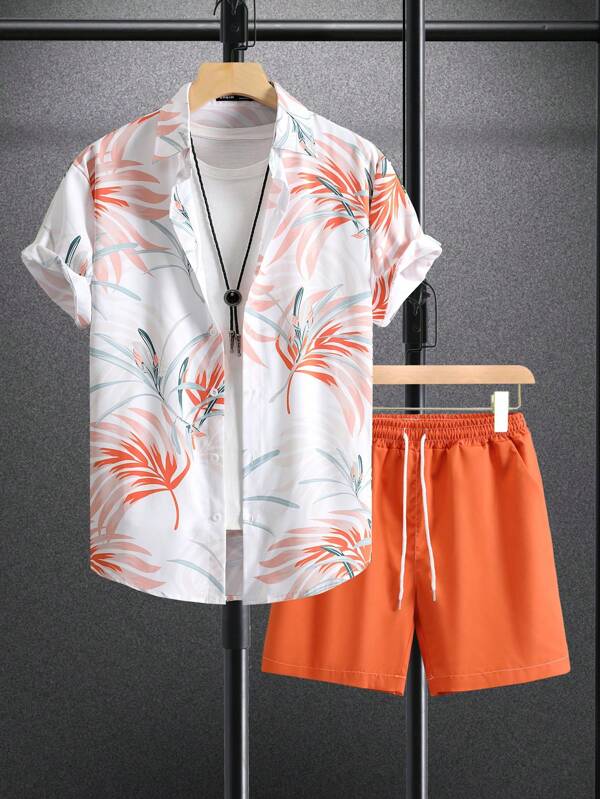 7080 a07-06 Camisa con estampado tropical  & Shorts de cintura con cordón