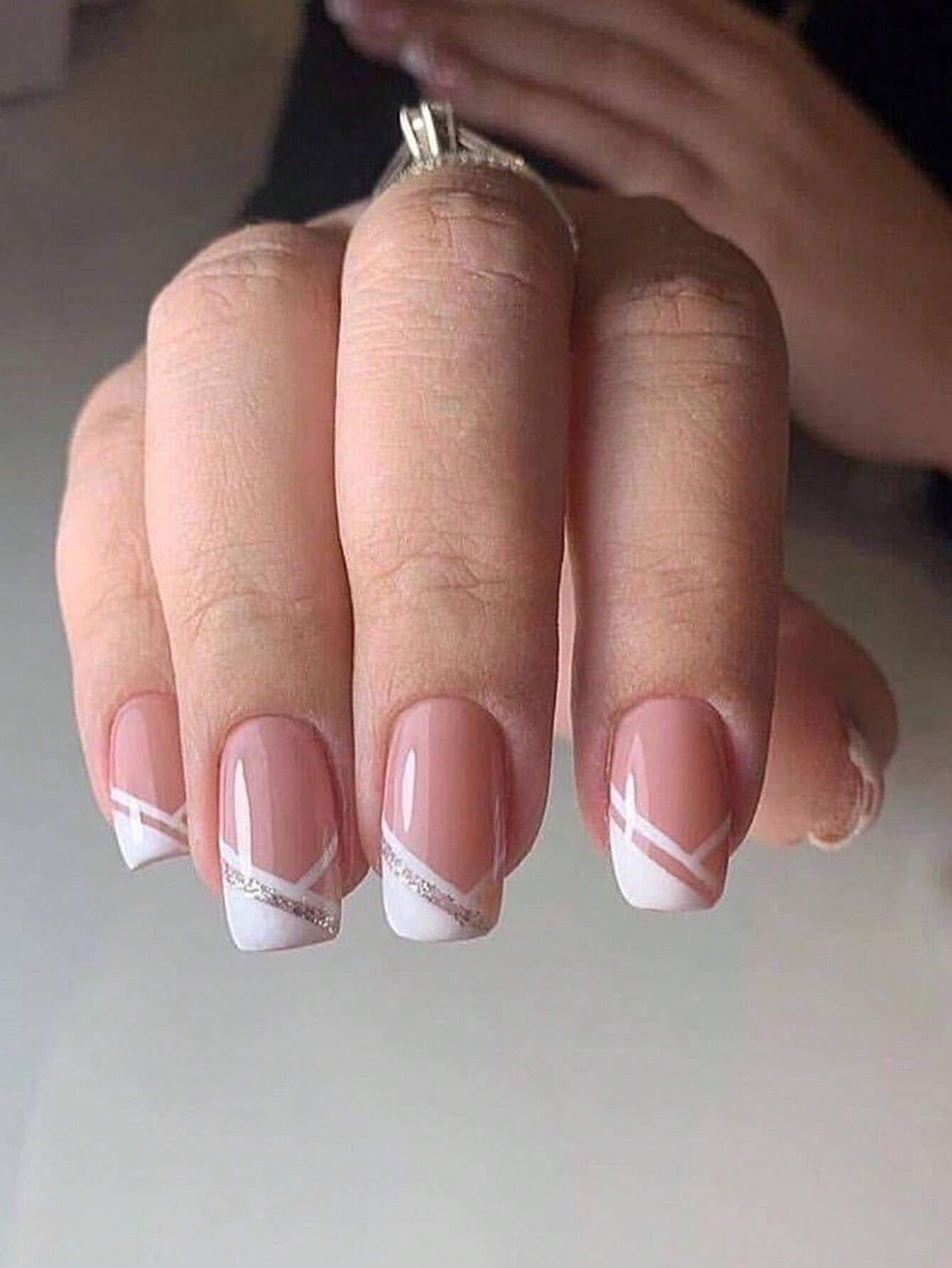 18529 1b-067 Uñas postizas en estilo francés con brillo 24 Pzas