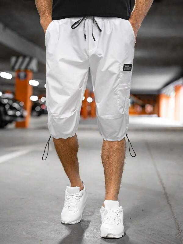 6551 1t-012 Hombres Pantalones capris con diseño de parche de letra bajo con cordón