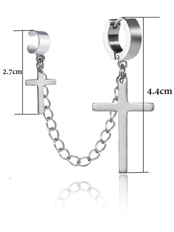 7841 b03-02 Cuff oreja con dije de cadena y cruz plateado