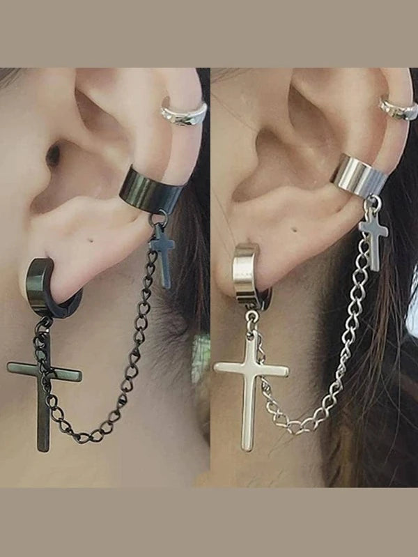 7841 b03-02 Cuff oreja con dije de cadena y cruz plateado