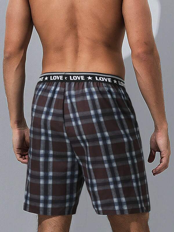 4938 1t-006 Hombres Shorts de dormir con estampado de cuadros en contraste con cinta con letra