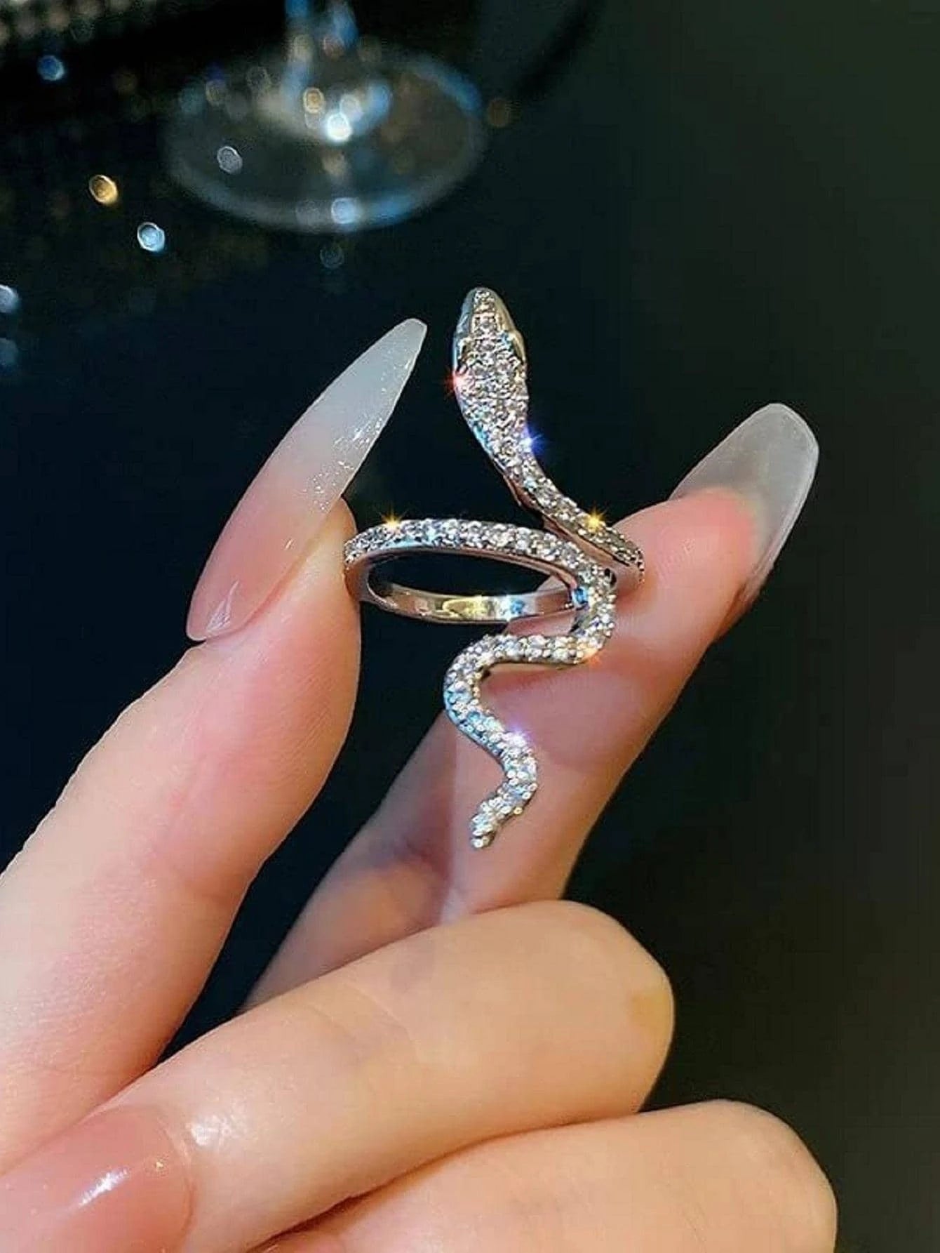 7358 b03-13 Anillo de envoltura atractivo aleación de zinc con diamante de imitación con diseño de serpiente para mujeres para fiesta