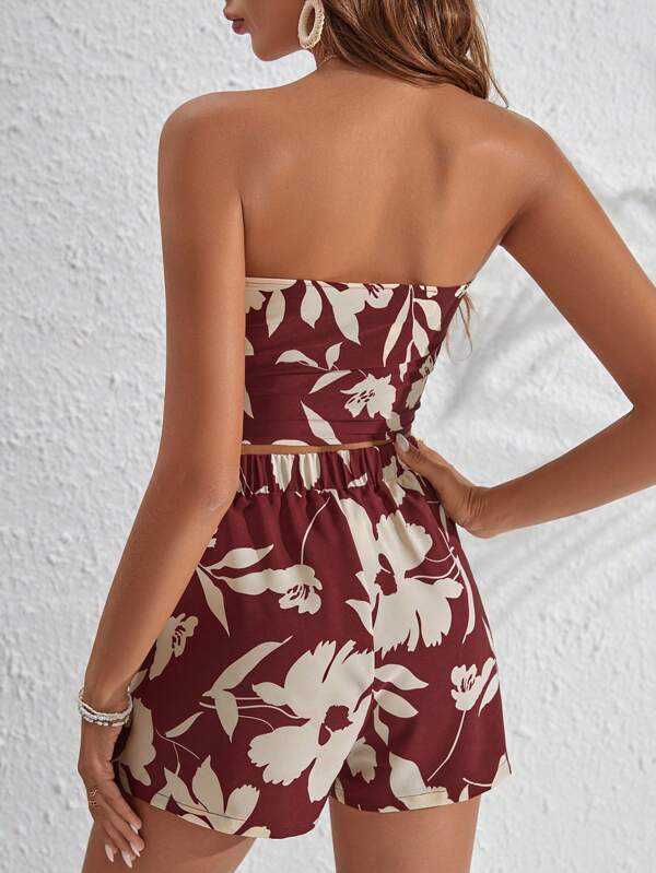 7219 a07-10 VCAY con estampado floral con cordón delantero Top bandeau & Shorts