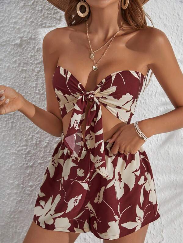 7219 a07-10 VCAY con estampado floral con cordón delantero Top bandeau & Shorts