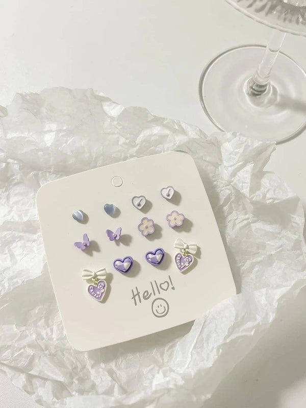 7667 B05-06 Set 6 aretes con lazo corazón mariposas y flores para mujeres