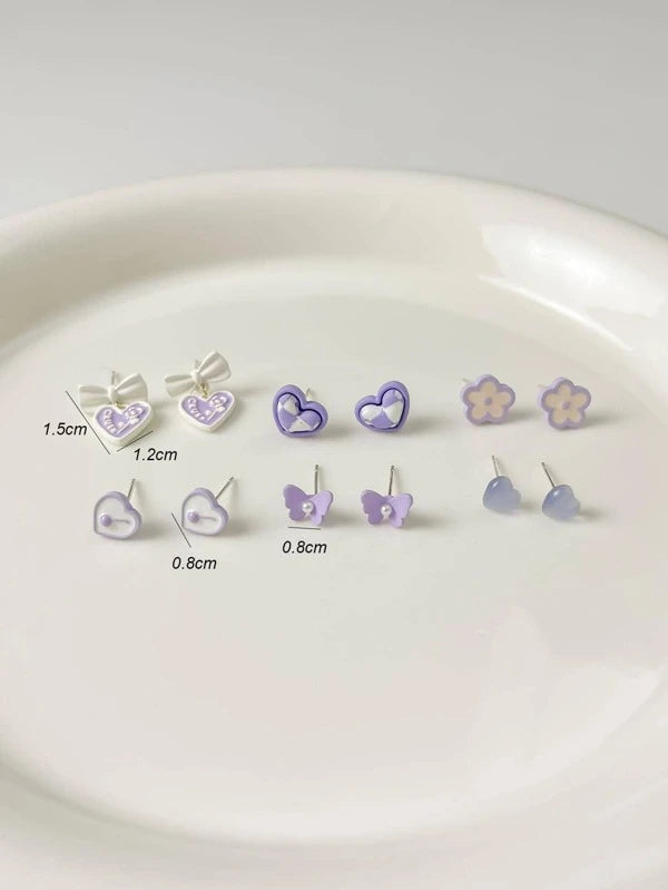 7667 B05-06 Set 6 aretes con lazo corazón mariposas y flores para mujeres