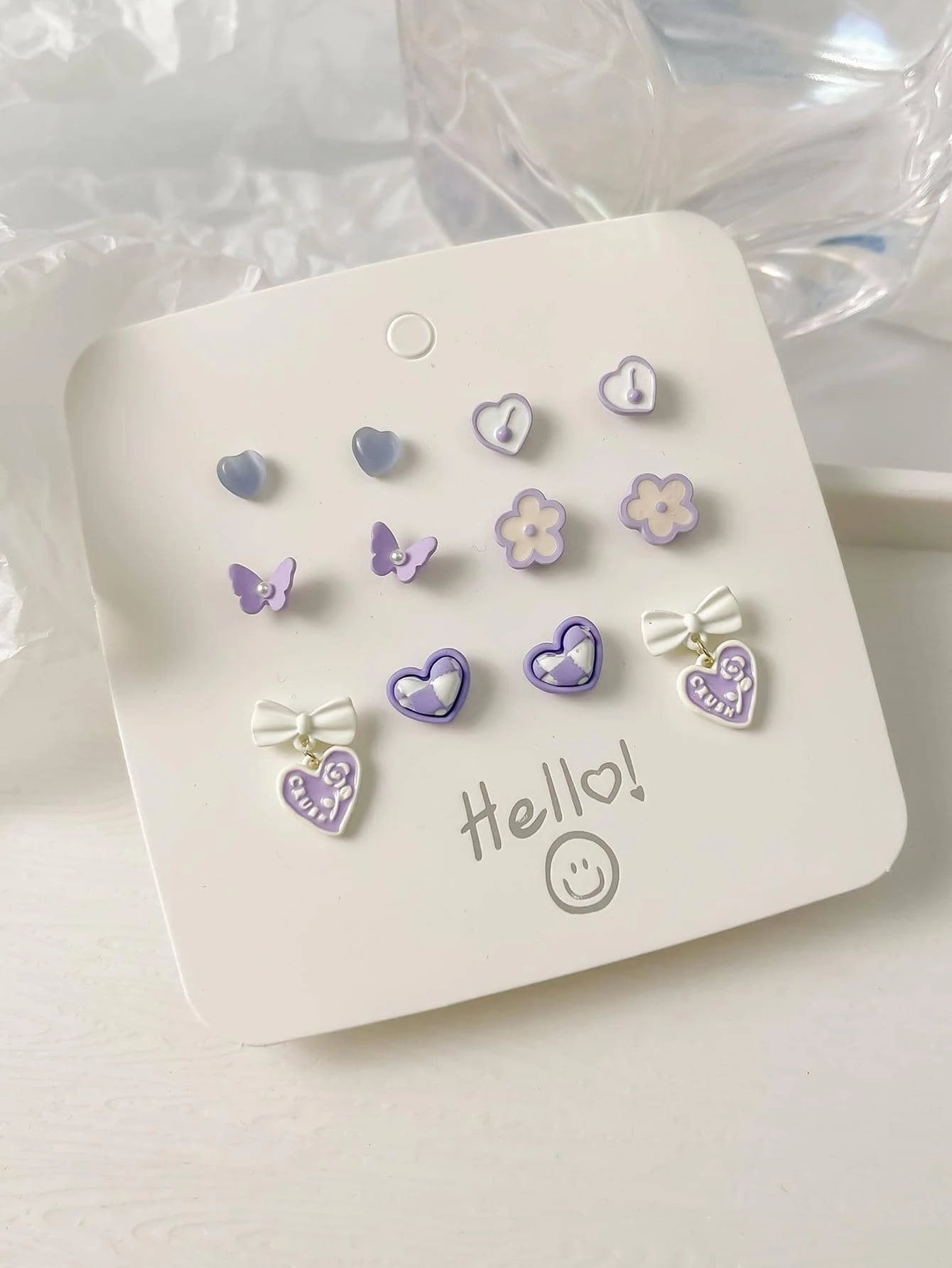 7667 B05-06 Set 6 aretes con lazo corazón mariposas y flores para mujeres