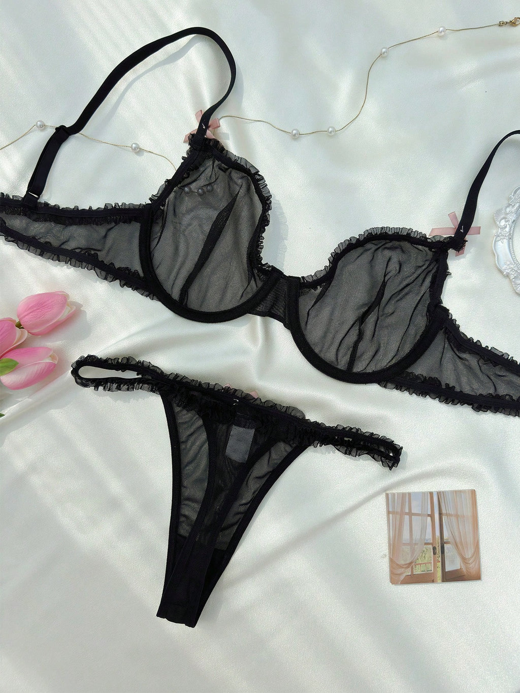 19291 ID-263 Set de lencería ribete fruncido de malla 2 Pzas