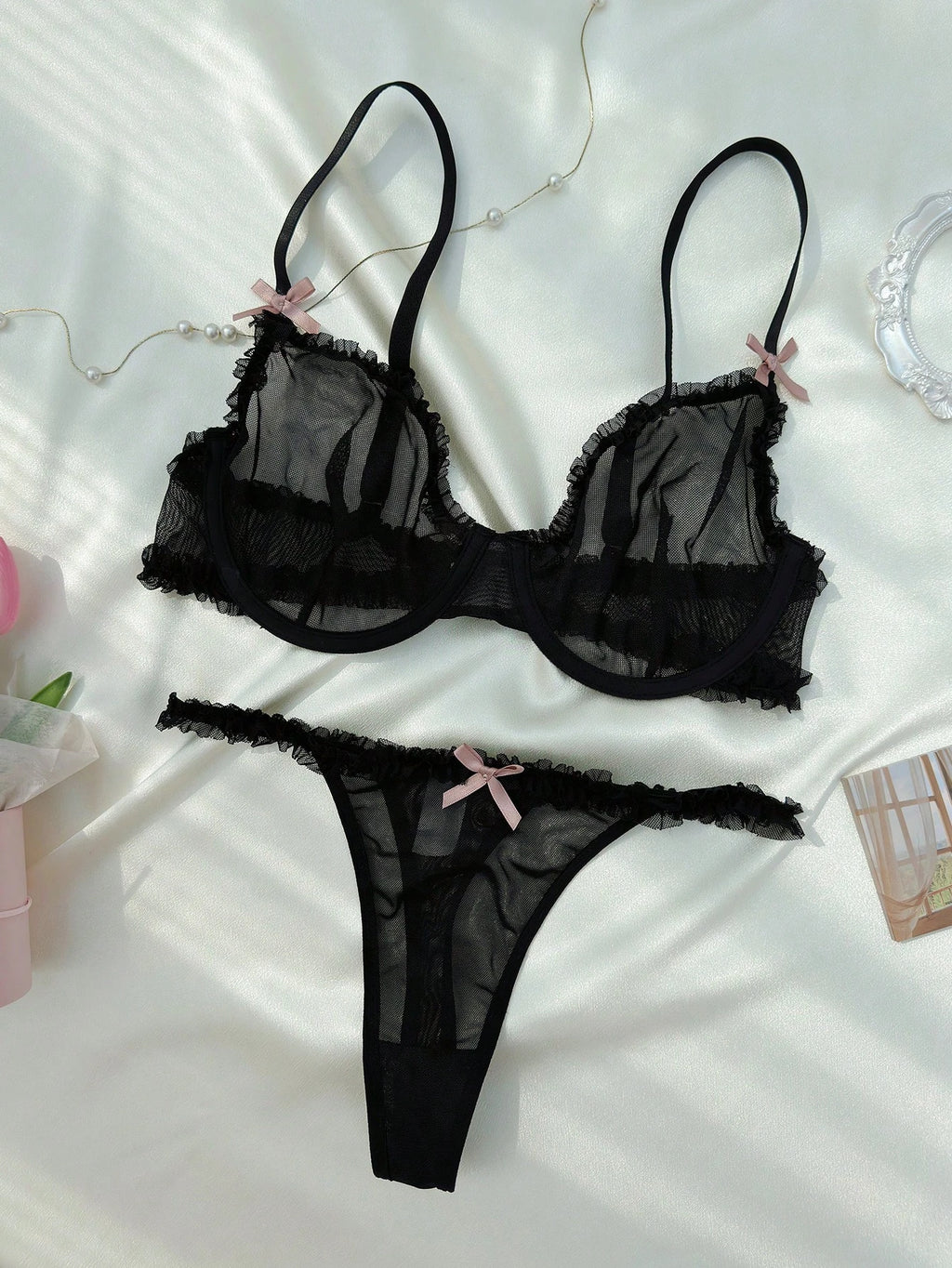 19291 ID-263 Set de lencería ribete fruncido de malla 2 Pzas