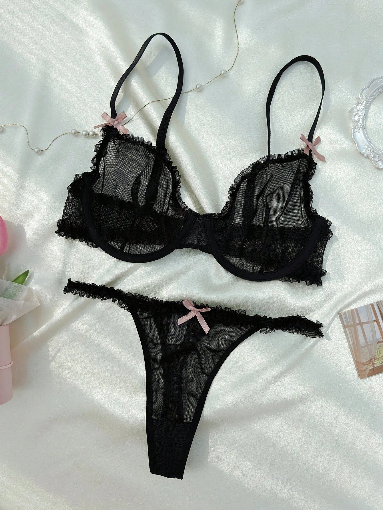 19291 ID-263 Set de lencería ribete fruncido de malla 2 Pzas