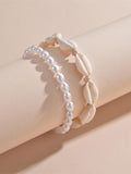 6600 1b-018 Set 2 piezas Pulsera tobillera estilo de playa con concha & con perla artificial oval con cuenta