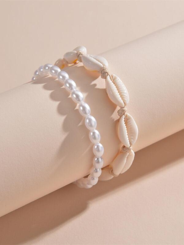 6600 1b-018 Set 2 piezas Pulsera tobillera estilo de playa con concha & con perla artificial oval con cuenta