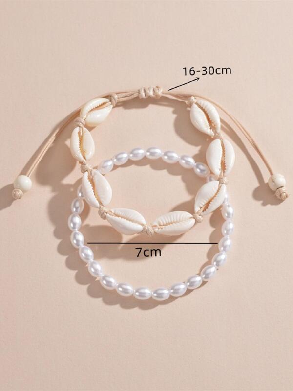 6600 1b-018 Set 2 piezas Pulsera tobillera estilo de playa con concha & con perla artificial oval con cuenta
