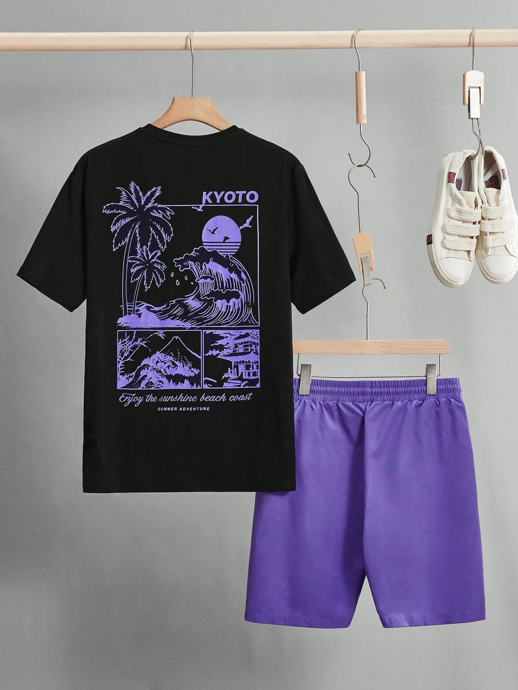 6990 a10-12 Shorts con camiseta con slogan & con estampado de árbol