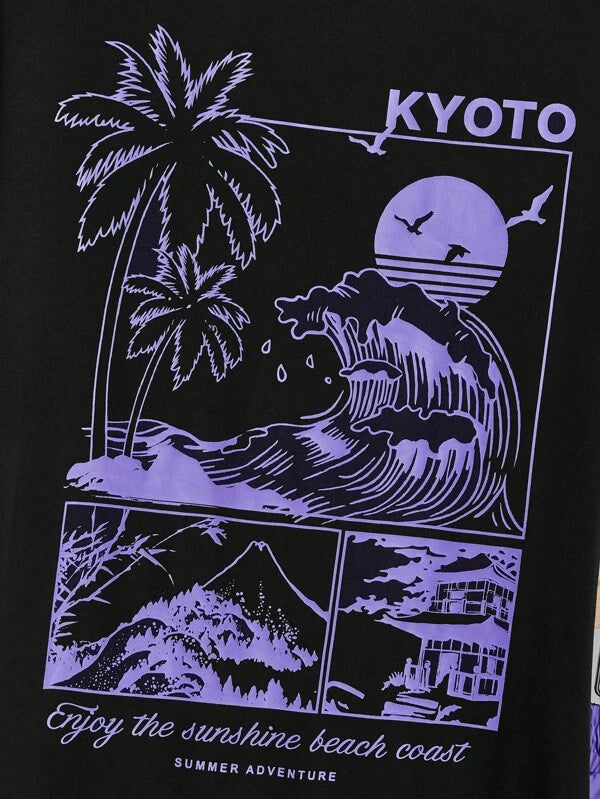 6990 a10-12 Shorts con camiseta con slogan & con estampado de árbol