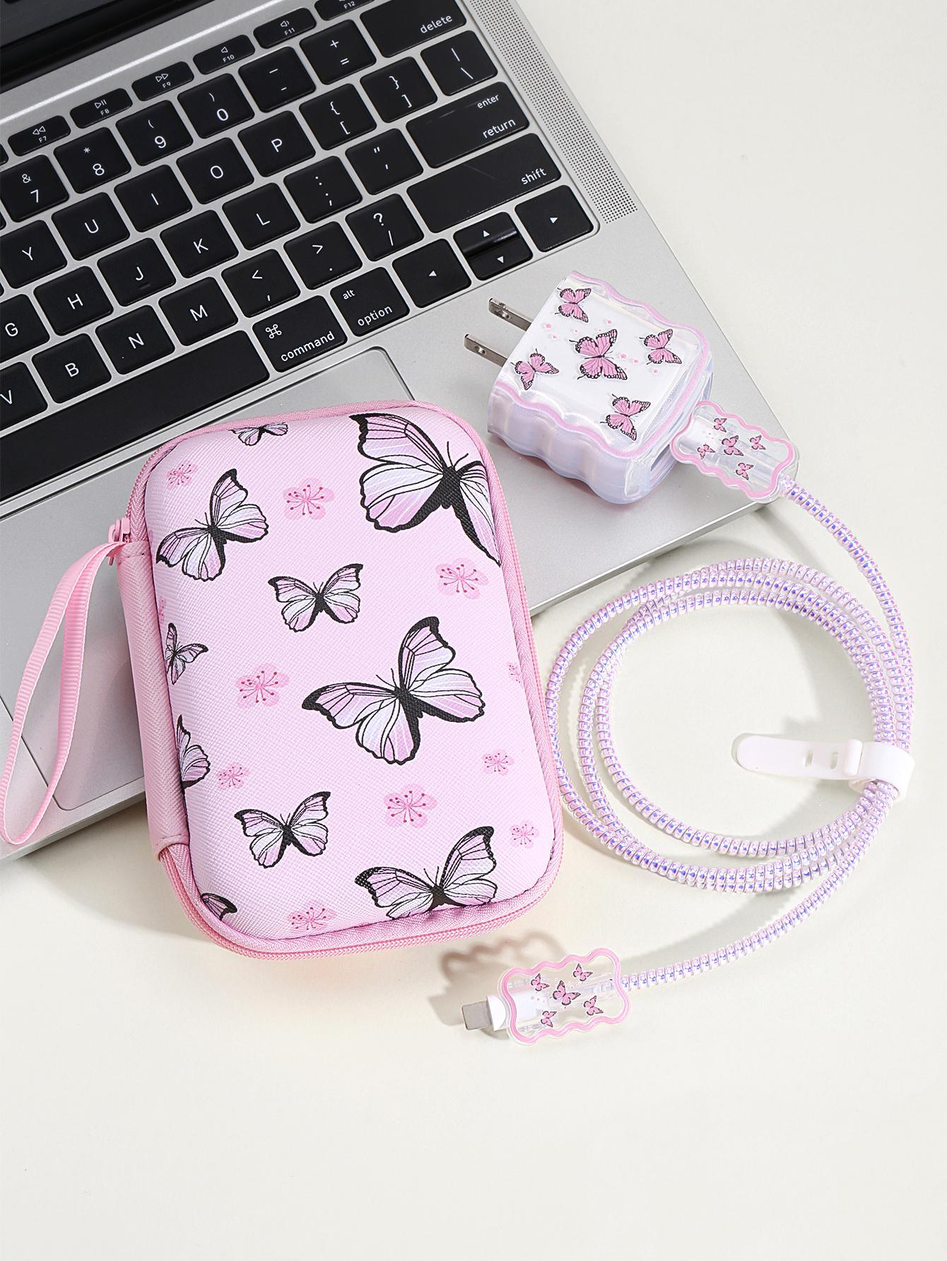 7819 a08-08 Set 6 piezas con estampado de mariposa Cubierta de la cabeza del cargador & espiral Protector de cable de dato & Bolsa de almacenaje Set compatible con manzana Cargador