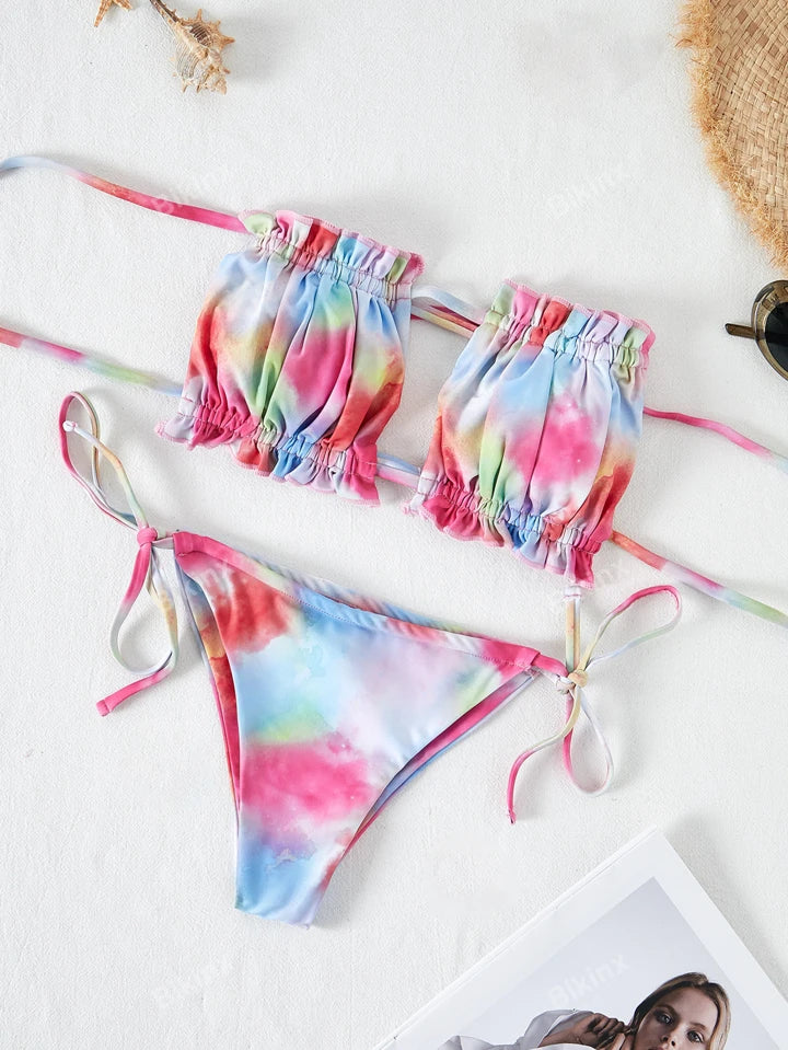 19262 id-218 Conjunto de bikini bandeau con estampado de teñido 2 Pzas