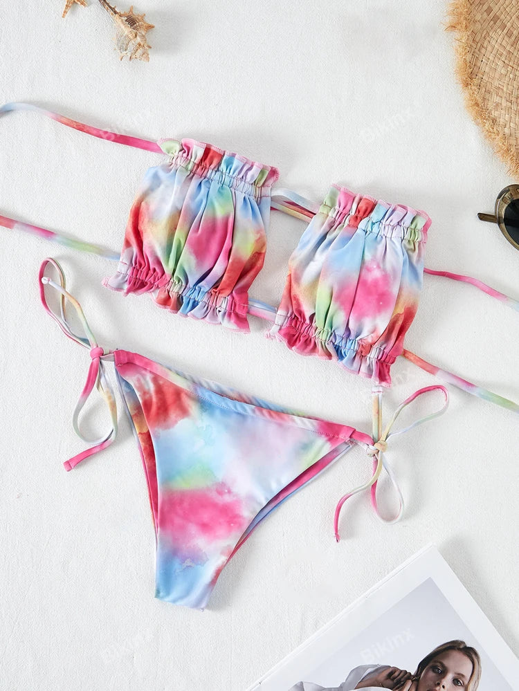 19262 id-218 Conjunto de bikini bandeau con estampado de teñido 2 Pzas