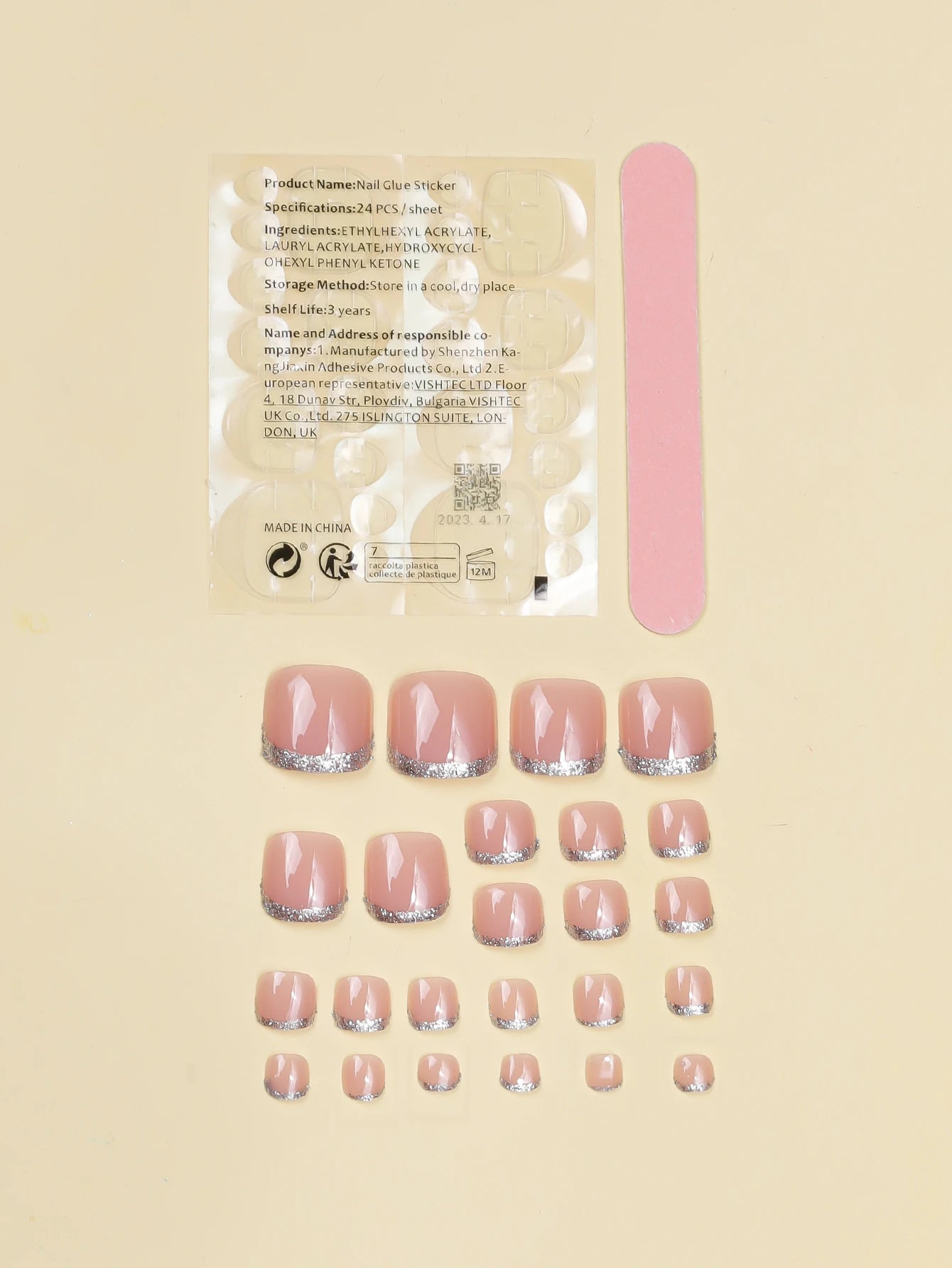 6084 a09-11 Kit 24 piezas de uñas de los pies con punta francesa color nude claro
