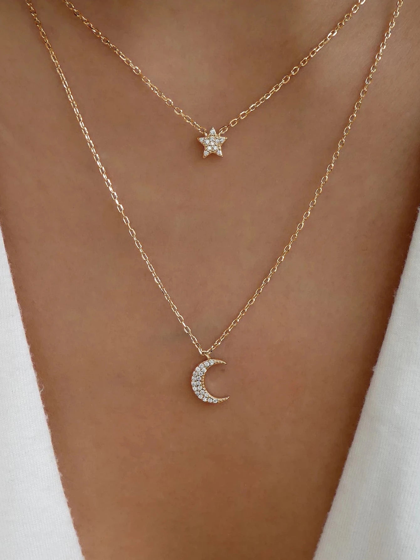 5861 b01-06 Collar de moda diseño simple conjunto de diamantes estrella y luna de doble capa para mujeres
