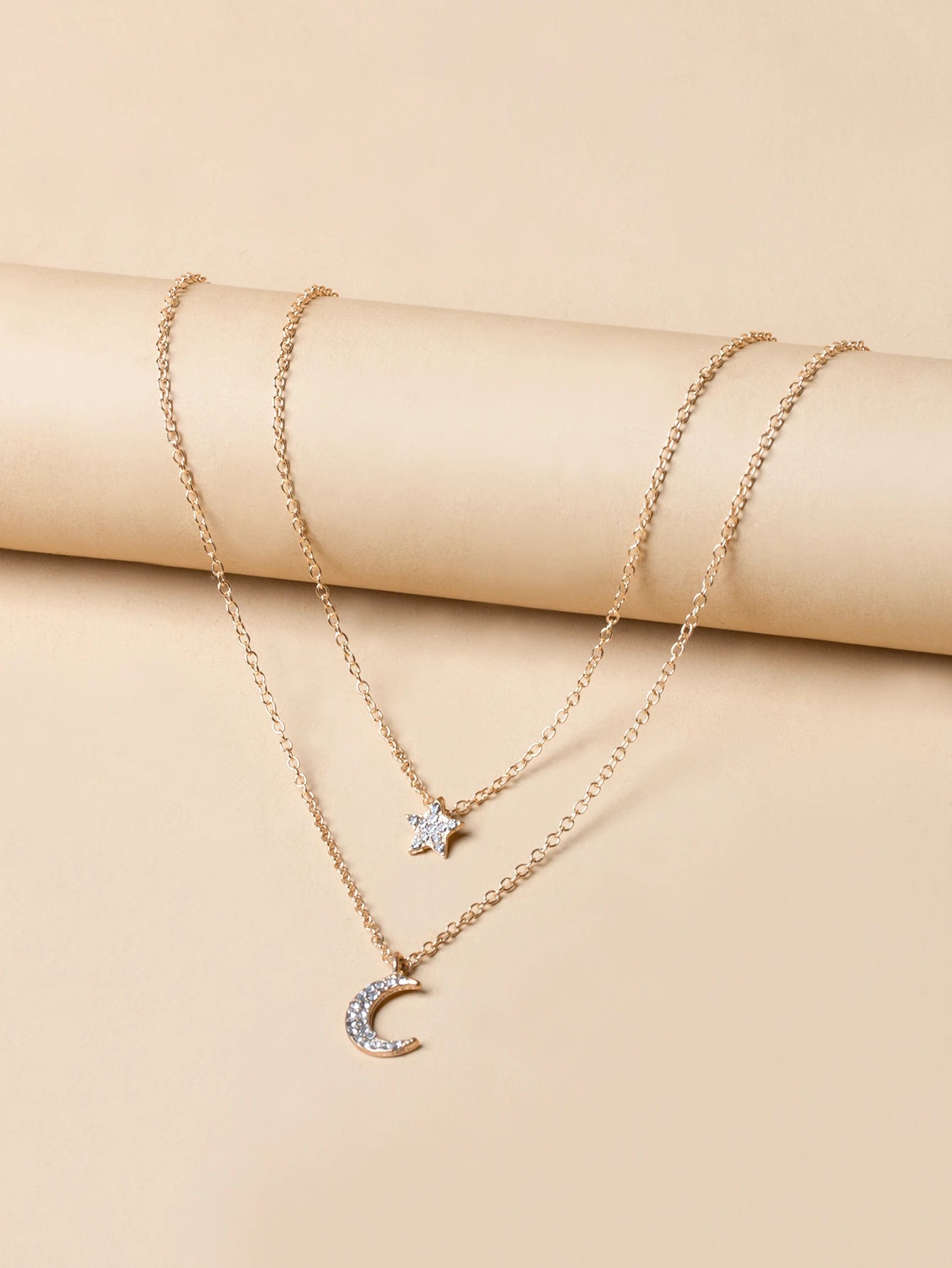 5861 b01-06 Collar de moda diseño simple conjunto de diamantes estrella y luna de doble capa para mujeres