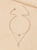 5861 b01-06 Collar de moda diseño simple conjunto de diamantes estrella y luna de doble capa para mujeres