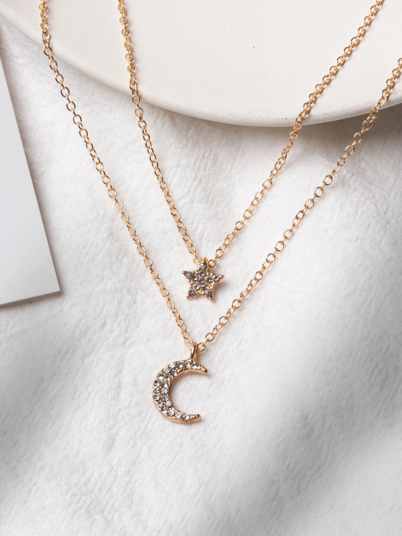 5861 b01-06 Collar de moda diseño simple conjunto de diamantes estrella y luna de doble capa para mujeres