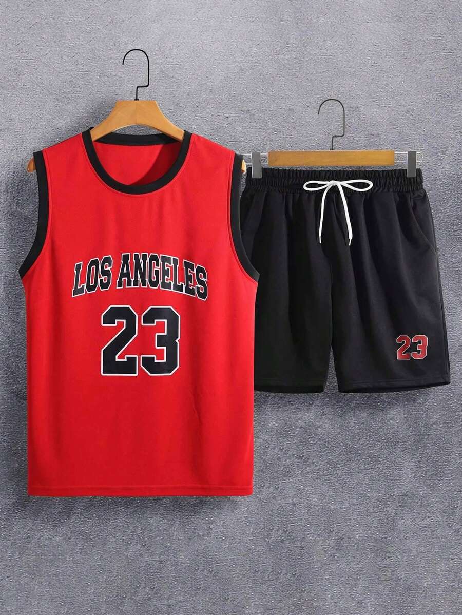 11122 2c-282 Conjunto Hombre con estampado de letra Top tank & de cintura con cordón Shorts