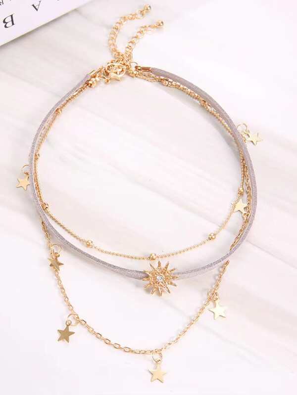 7185 b03-12 Tres piezas/set personalizado de moda multicapa sol & pentagrama Collar con colgante Set incluido 3 capas con diamante de imitación Collar gargantilla