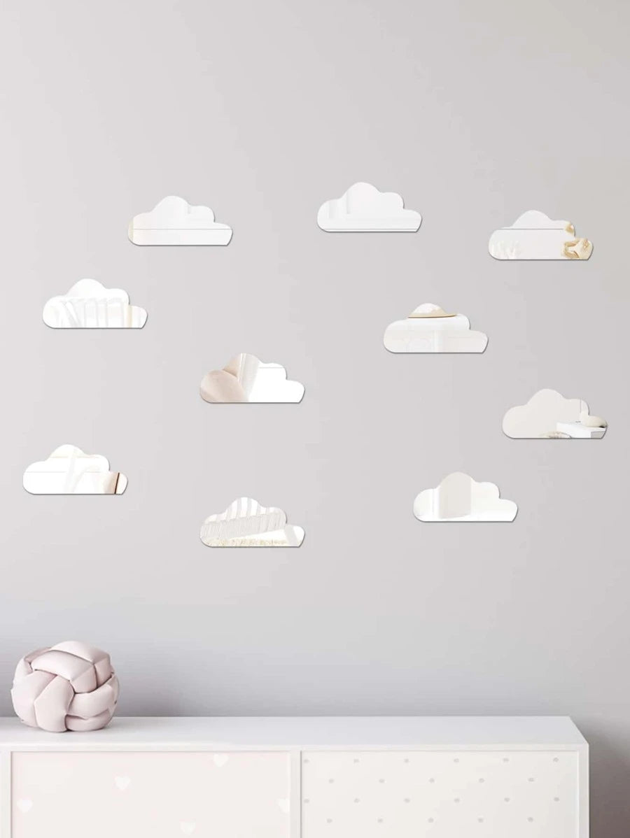 11129 1b-055 10 pegatinas de pared con forma de nube plateada con efecto espejo