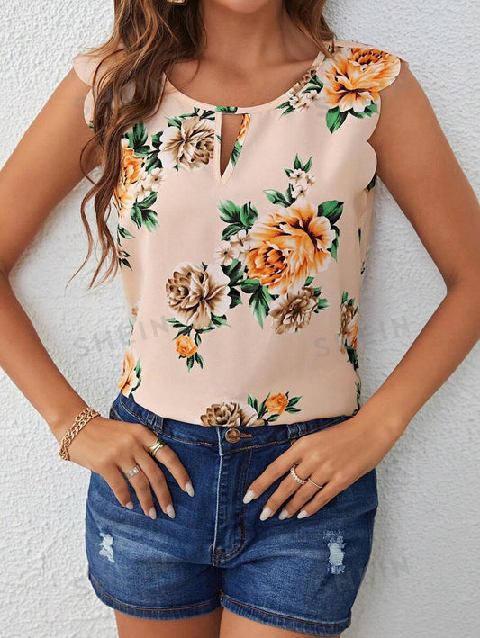 10385 a02-06 Blusa con estampado floral de cuello con abertura de ojo ribete en abanico SHEIN LUNE