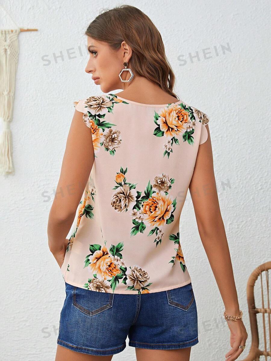 10385 a02-06 Blusa con estampado floral de cuello con abertura de ojo ribete en abanico SHEIN LUNE