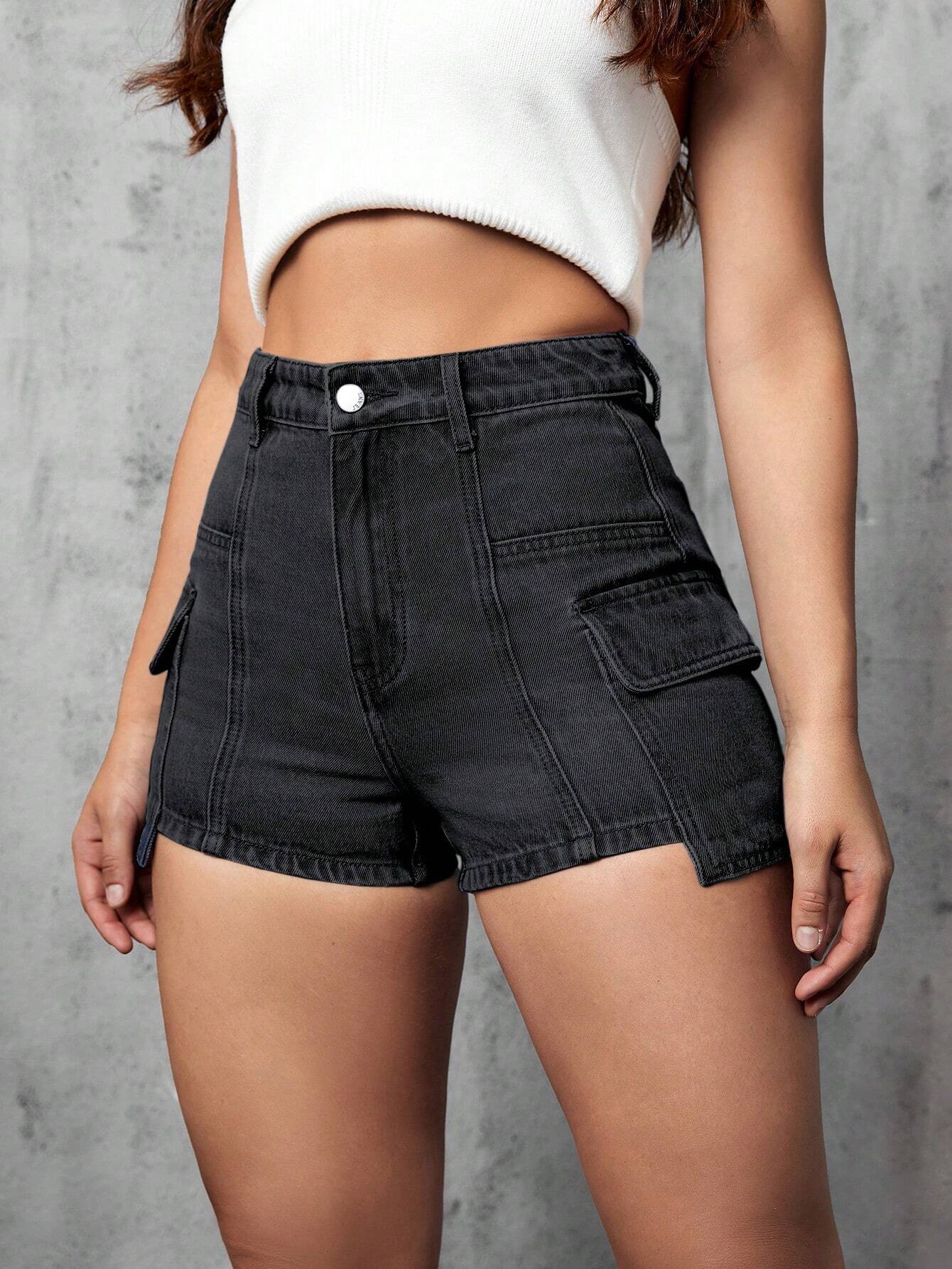 6948 1t-395 Shorts en mezclilla con bolsillo lateral con solapa cargo