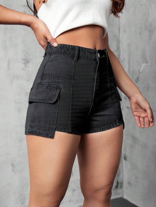 6948 1a-093 Shorts en mezclilla con bolsillo lateral con solapa cargo