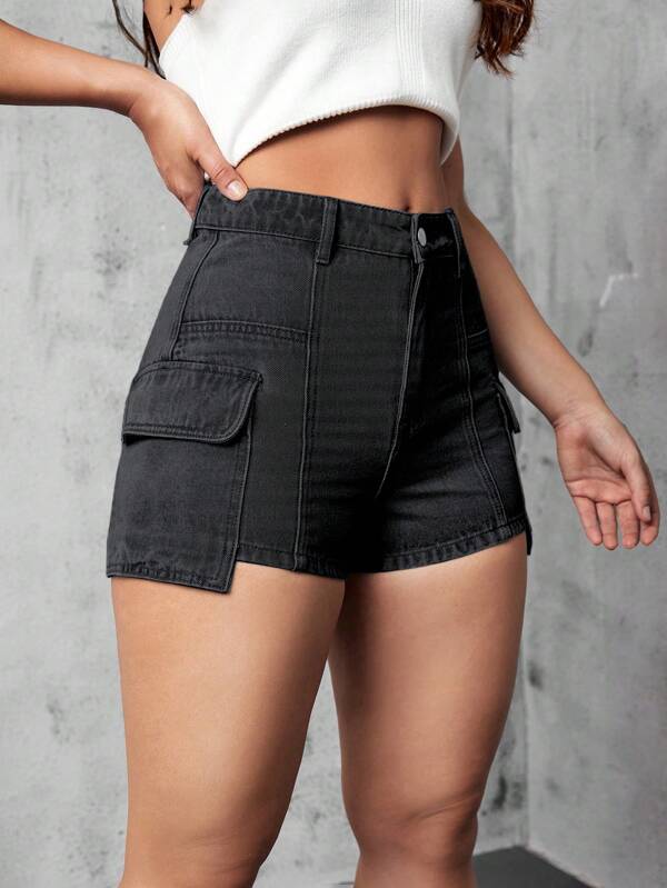 6948 1t-395 Shorts en mezclilla con bolsillo lateral con solapa cargo