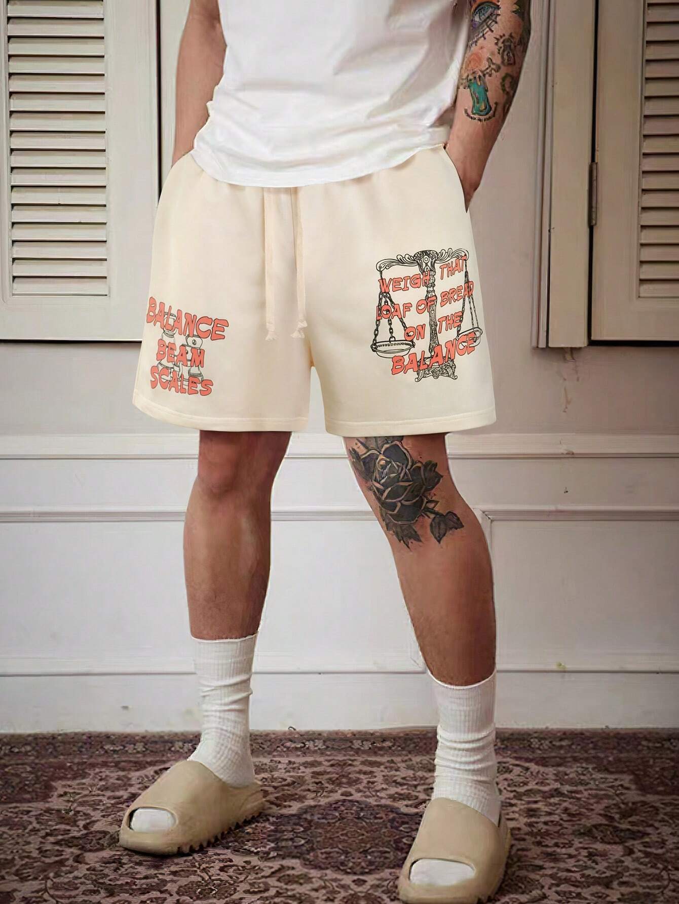 6989 1a-010 Shorts con estampado de slogan de cintura con cordón