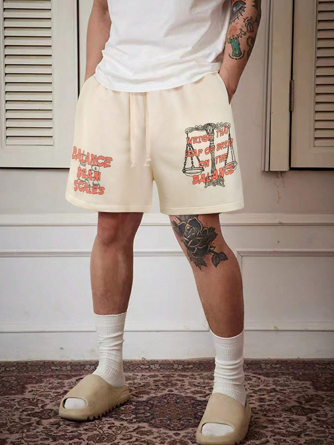 6989 1t-012 Shorts con estampado de slogan de cintura con cordón