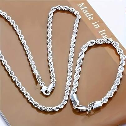 11115 1b-074 Juego De Collar Y Brazalete Con Cadena De Cuerda Retorcida De 4 Mm