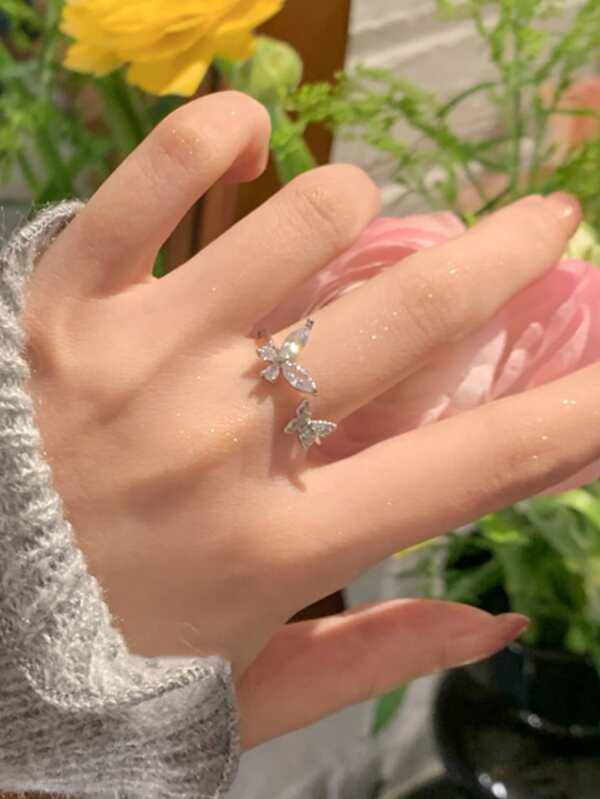 7365 b03-13 pieza Anillo elegante zirconia cúbica doble en forma de mariposa abierto ajustable para mujeres
