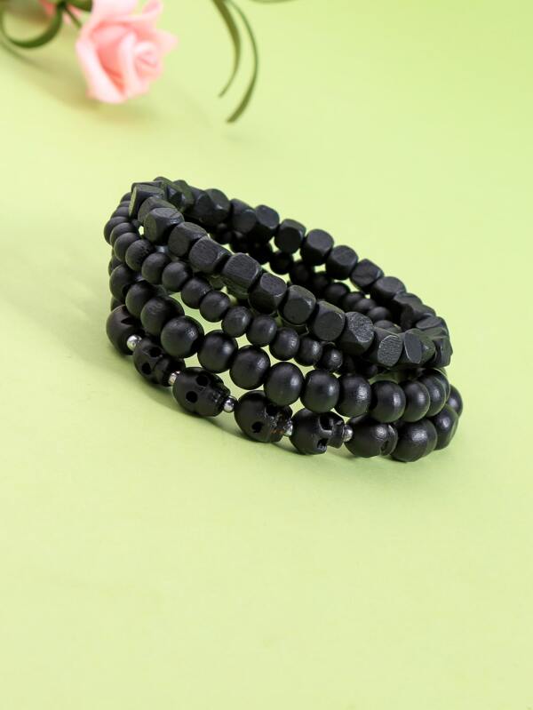 3647 1b-03-01 Cuatro piezas/set Pulsera negro de madera con cuenta de cráneo