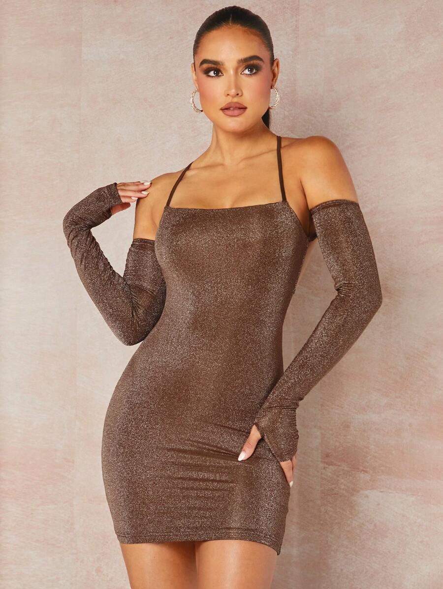 8260 1t-007 Vestido ajustado de hombros descubiertos de espalda abierta con tira cruzada