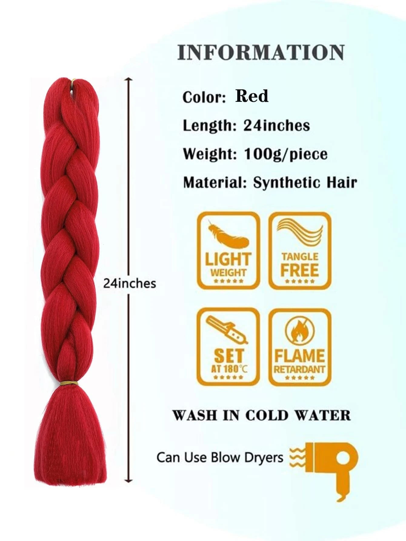6000 1c-022 Una pieza Cabello sintético trenzado gigante rojo Extensiones de cabello trenzado de 24 pulgadas Caja de trenzas Cabello trenzado Cabello sintético para trenzar (más de cuarenta colores)