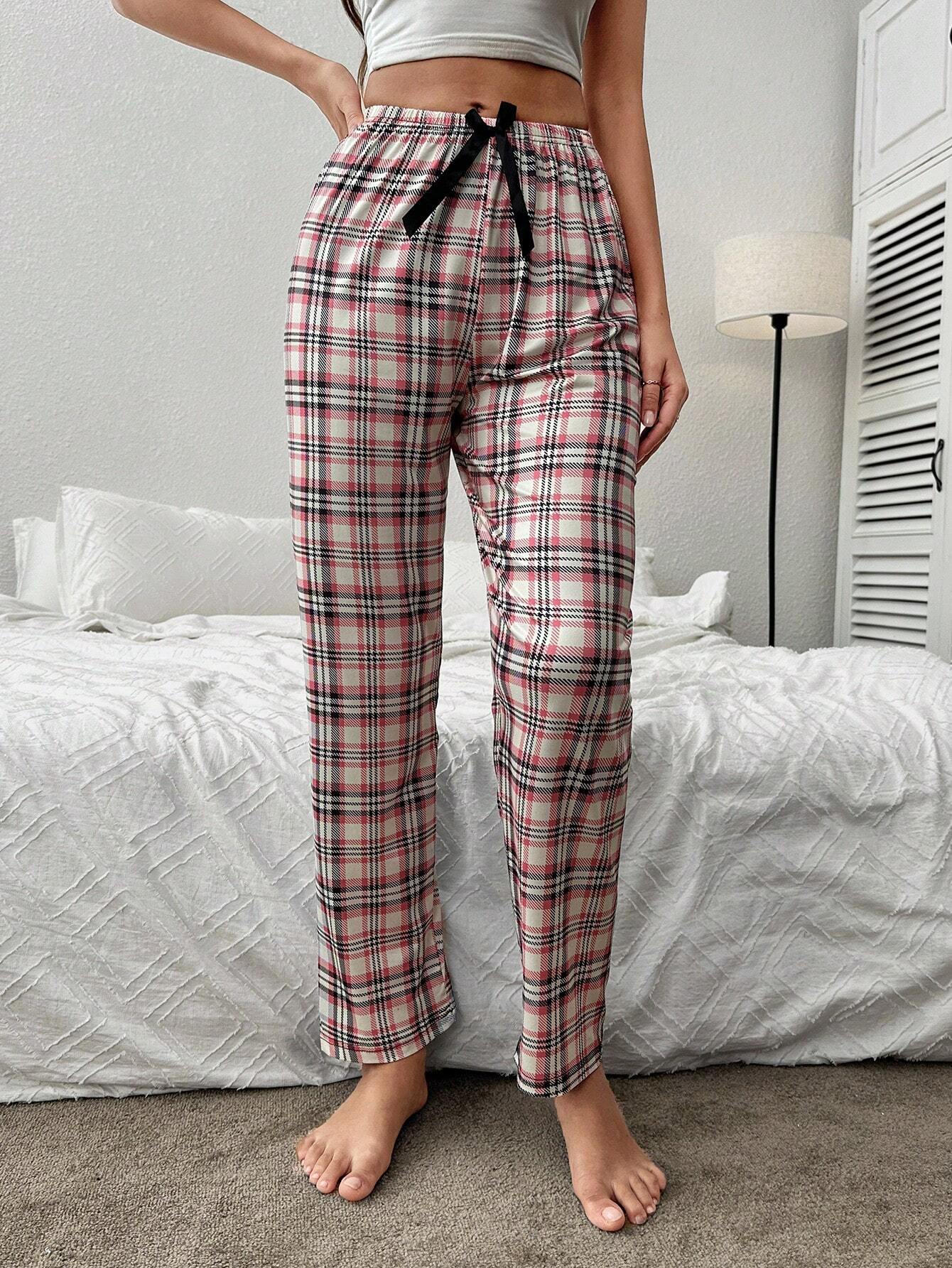 8873 1t-007 Pantalones de dormir con estampado de cuadros con lazo delantero